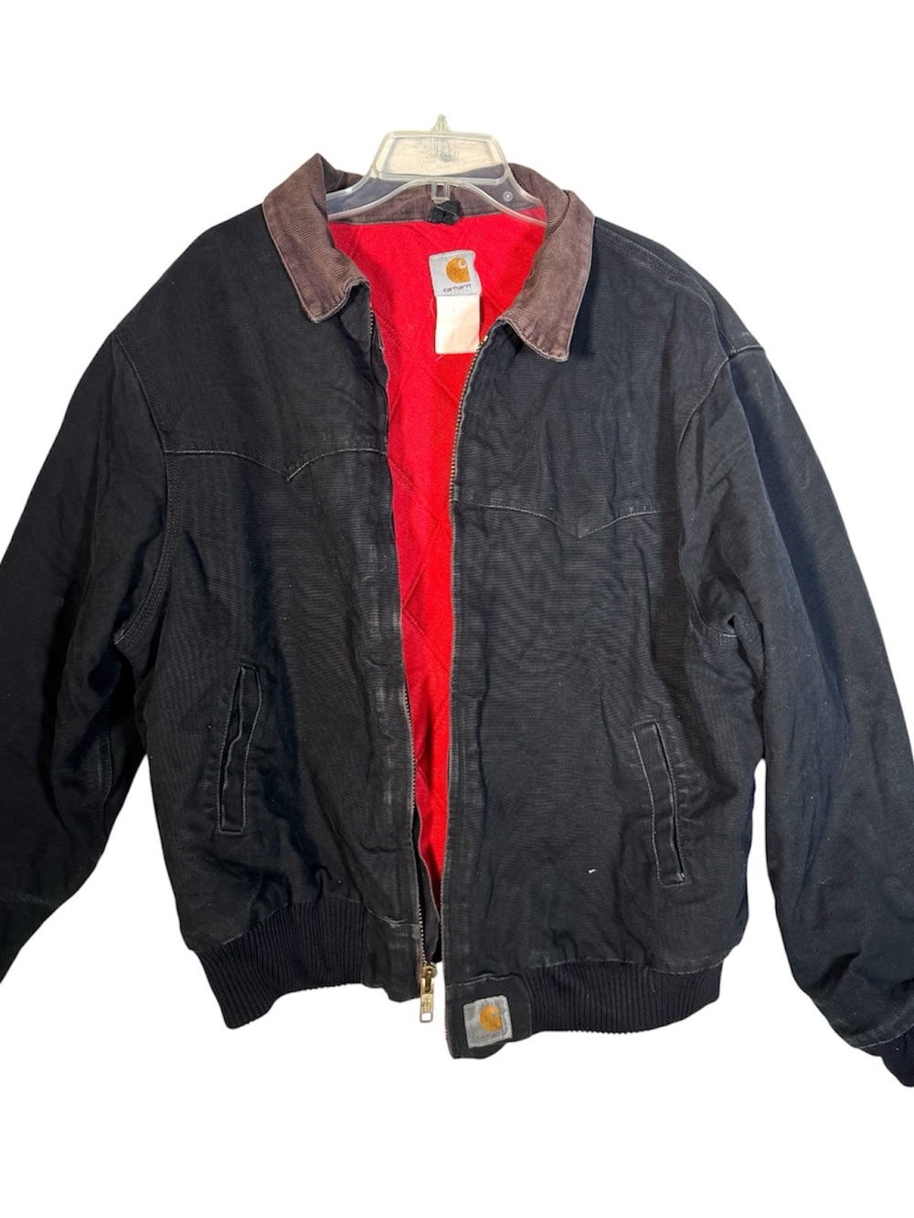 Vintage Carhartt Black Bomber Jacket Red Quilted Lining Brown Corduroy Collar XL